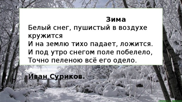  Зима Белый снег, пушистый в воздухе кружится И на землю тихо падает, ложится. И под утро снегом поле побелело, Точно пеленою всё его одело.  Иван Суриков. 