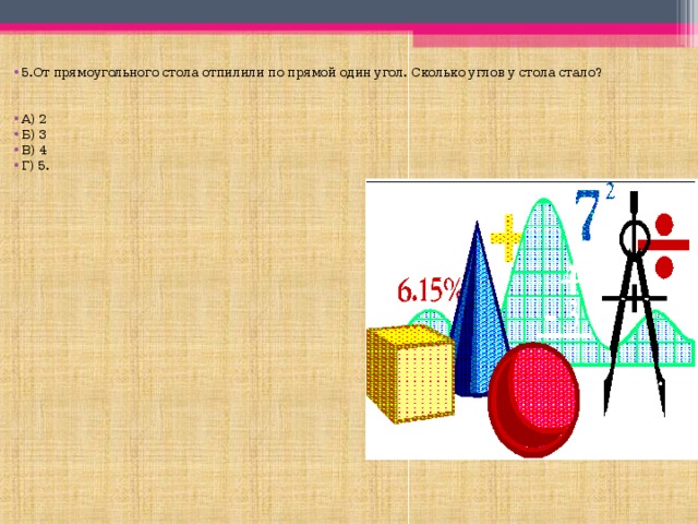 5.От прямоугольного стола отпилили по прямой один угол. Сколько углов у стола стало?   А) 2 Б) 3 В) 4 Г) 5. 