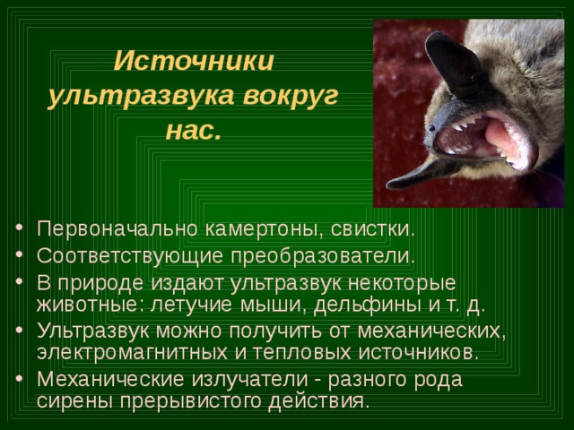 Источники ультразвука вокруг нас. Первоначально камертоны, свистки. Соответствующие преобразователи. В природе издают ультразвук некоторые животные: летучие мыши, дельфины и т. д. Ультразвук можно получить от механических, электромагнитных и тепловых источников. Механические излучатели - разного рода сирены прерывистого действия. 