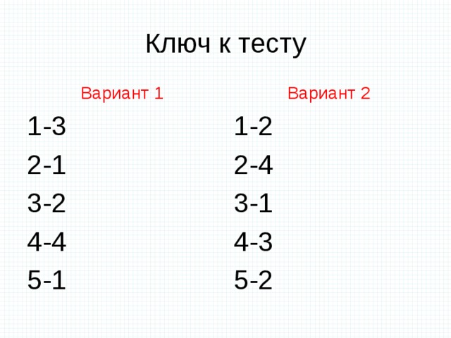 Ключ к тесту Вариант 1 Вариант 2 1-3 1-2 2-1 2-4 3-2 3-1 4-4 4-3 5-1 5-2 