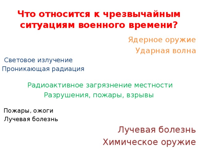 Что относится к чрезвычайным ситуациям военного времени?    Ядерное оружие  Ударная волна  Световое излучение Проникающая радиация  Радиоактивное загрязнение местности Разрушения, пожары, взрывы  Пожары, ожоги  Лучевая болезнь  Лучевая болезнь Химическое оружие 