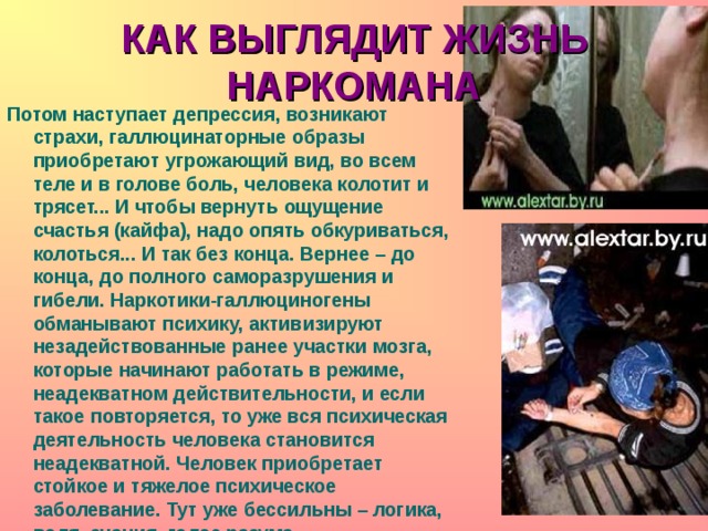 КАК ВЫГЛЯДИТ ЖИЗНЬ НАРКОМАНА Потом наступает депрессия, возникают страхи, галлюцинаторные образы приобретают угрожающий вид, во всем теле и в голове боль, человека колотит и трясет... И чтобы вернуть ощущение счастья (кайфа), надо опять обкуриваться, колоться... И так без конца. Вернее – до конца, до полного саморазрушения и гибели. Наркотики-галлюциногены обманывают психику, активизируют незадействованные ранее участки мозга, которые начинают работать в режиме, неадекватном действительности, и если такое повторяется, то уже вся психическая деятельность человека становится неадекватной. Человек приобретает стойкое и тяжелое психическое заболевание. Тут уже бессильны – логика, воля, знания, голос разума...  