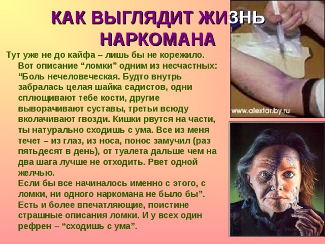 КАК ВЫГЛЯДИТ ЖИ ЗНЬ НАРКОМАНА Тут уже не до кайфа – лишь бы не корежило.  Вот описание “ломки” одним из несчастных:  “Боль нечеловеческая. Будто внутрь забралась целая шайка садистов, одни сплющивают тебе кости, другие выворачивают суставы, третьи всюду вколачивают гвозди. Кишки рвутся на части, ты натурально сходишь с ума. Все из меня течет – из глаз, из носа, понос замучил (раз пятьдесят в день), от туалета дальше чем на два шага лучше не отходить. Рвет одной желчью.  Если бы все начиналось именно с этого, с ломки, ни одного наркомана не было бы”.  Есть и более впечатляющие, поистине страшные описания ломки. И у всех один рефрен – “сходишь с ума”. 
