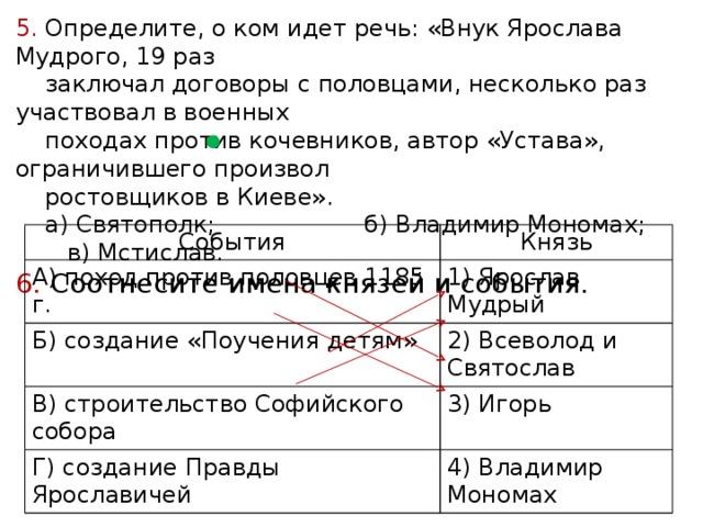 5. Определите, о ком идет речь: «Внук Ярослава Мудрого, 19 раз  заключал договоры с половцами, несколько раз участвовал в военных  походах против кочевников, автор «Устава», ограничившего произвол  ростовщиков в Киеве».  а) Святополк; б) Владимир Мономах; в) Мстислав. 6. Соотнесите имена князей и события. События А) поход против половцев 1185 г. Князь Б) создание «Поучения детям» 1) Ярослав Мудрый 2) Всеволод и Святослав В) строительство Софийского собора Г) создание Правды Ярославичей 3) Игорь 4) Владимир Мономах 