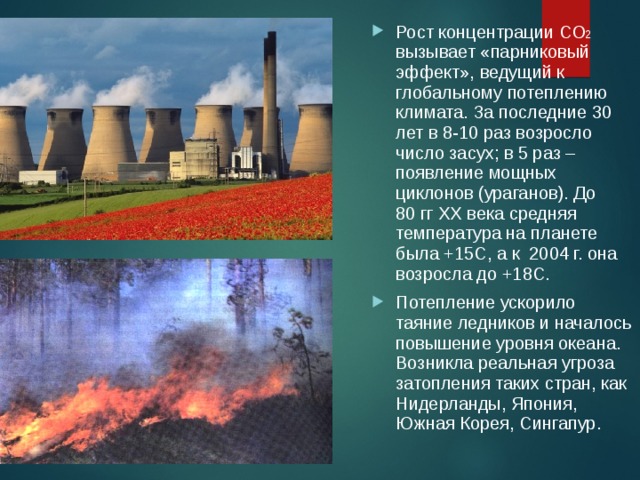 Рост концентрации СО 2 вызывает «парниковый эффект», ведущий к глобальному потеплению климата. За последние 30 лет в 8-10 раз возросло число засух; в 5 раз – появление мощных циклонов (ураганов). До 80 гг ХХ века средняя температура на планете была +15С, а к 2004 г. она возросла до +18С. Потепление ускорило таяние ледников и началось повышение уровня океана. Возникла реальная угроза затопления таких стран, как Нидерланды, Япония, Южная Корея, Сингапур.  