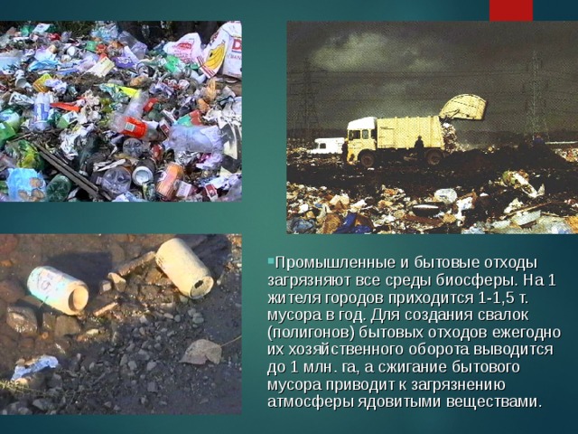 Промышленные и бытовые отходы загрязняют все среды биосферы. На 1 жителя городов приходится 1-1,5 т. мусора в год. Для создания свалок (полигонов) бытовых отходов ежегодно их хозяйственного оборота выводится до 1 млн. га, а сжигание бытового мусора приводит к загрязнению атмосферы ядовитыми веществами. 
