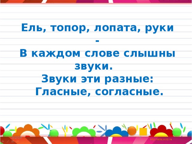 Ель, топор, лопата, руки - В каждом слове слышны звуки.  Звуки эти разные:  Гласные, согласные. 3/2/19  
