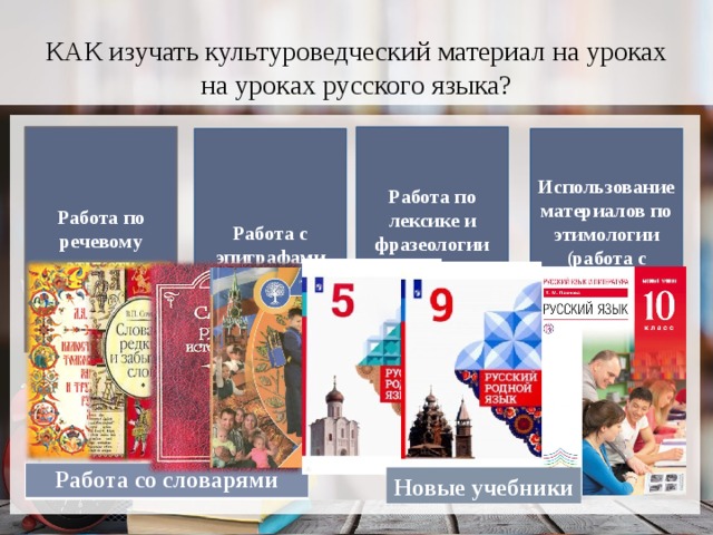 КАК изучать культуроведческий материал на уроках  на уроках русского языка? Работа по речевому этикету Работа по лексике и фразеологии (работа со словарями) Работа с эпиграфами Использование материалов по этимологии (работа с этимологическим словарем) Работа со словарями Новые учебники 