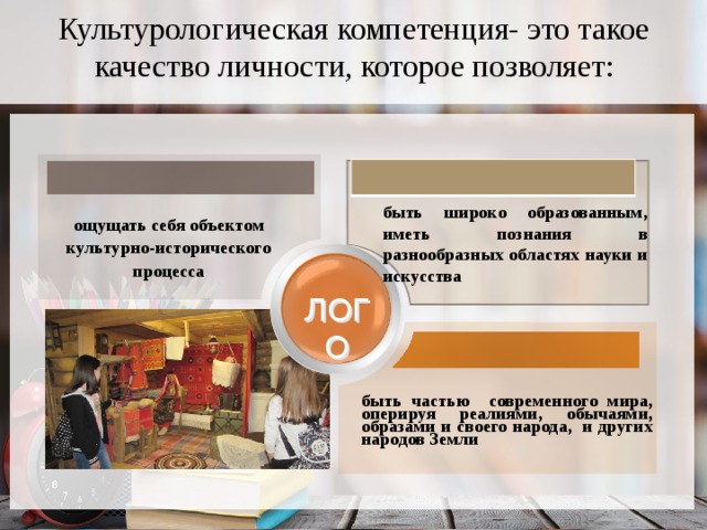  Культурологическая компетенция- это такое качество личности, которое позволяет:   быть широко образованным, иметь познания в разнообразных областях науки и искусства ощущать себя объектом культурно-исторического процесса ЛОГО быть частью современного мира, оперируя реалиями, обычаями, образами и своего народа, и других народов Земли 