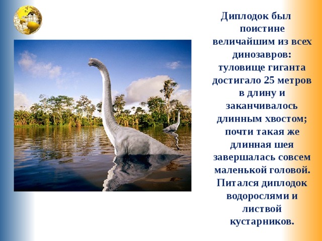 Диплодок был поистине величайшим из всех динозавров: туловище гиганта достигало 25 метров в длину и заканчивалось длинным хвостом; почти такая же длинная шея завершалась совсем маленькой головой. Питался диплодок водорослями и листвой кустарников. 