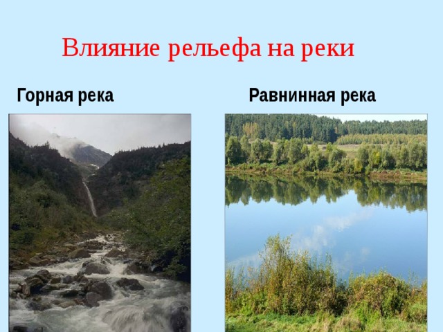 Влияние рельефа на реки Горная река Равнинная река 