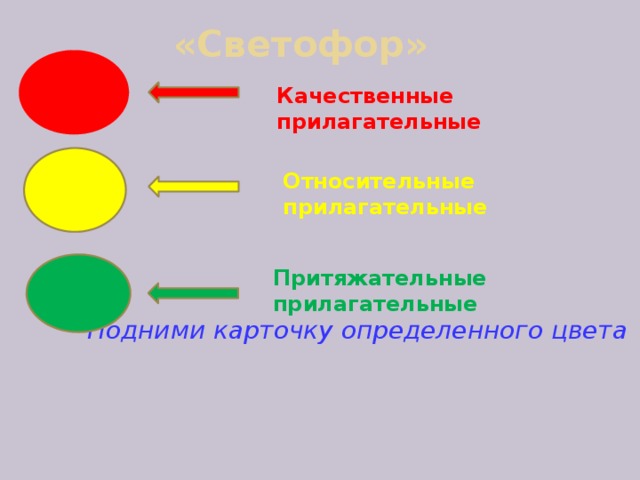 «Светофор» Качественные прилагательные Относительные прилагательные Притяжательные прилагательные Подними карточку определенного цвета 