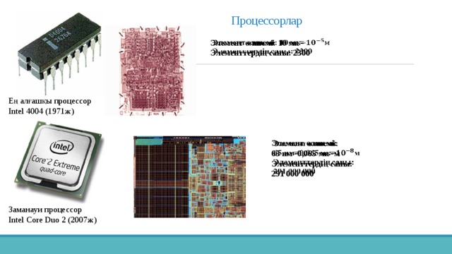  Процессорлар   Элемент өлшемі: 10 мк= Элементтердің саны: 2300 Ең алғашқы процессор Intel 4004 (1971ж) Элемент өлшемі:   65 нм=0,065 мк=м Элементтердің саны: 291 000 000 Заманауи процессор Intel Core Duo 2 (2007ж) 