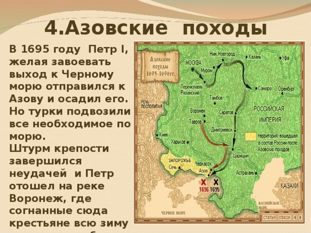 4 .Азовские походы В 1695 году Петр I , желая завоевать выход к Черному морю отправился к Азову и осадил его. Но турки подвозили все необходимое по морю. Штурм крепости завершился неудачей и Петр  отошел на реке Воронеж, где согнанные сюда крестьяне всю зиму строили корабли. 