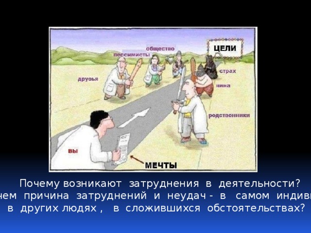 Почему возникают затруднения в деятельности?  В чем причина затруднений и неудач - в самом индивиде, в других людях , в сложившихся обстоятельствах? 