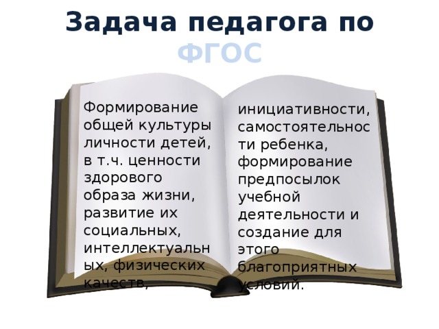 Задача педагога по ФГОС Формирование общей культуры личности детей, в т.ч. ценности здорового образа жизни, развитие их социальных, интеллектуальных, физических качеств, инициативности, самостоятельности ребенка, формирование предпосылок учебной деятельности и создание для этого благоприятных условий. 