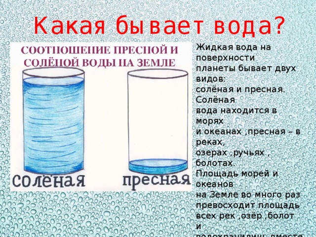 Какая бывает вода? Жидкая вода на поверхности планеты бывает двух видов: солёная и пресная. Солёная вода находится в морях и океанах ,пресная – в реках, озерах ,ручьях , болотах. Площадь морей и океанов на Земле во много раз превосходит площадь всех рек ,озёр ,болот и водохранилищ вместе взятых. Поэтому ,солёной воды на нашей планете во много раз больше, чем пресной. 