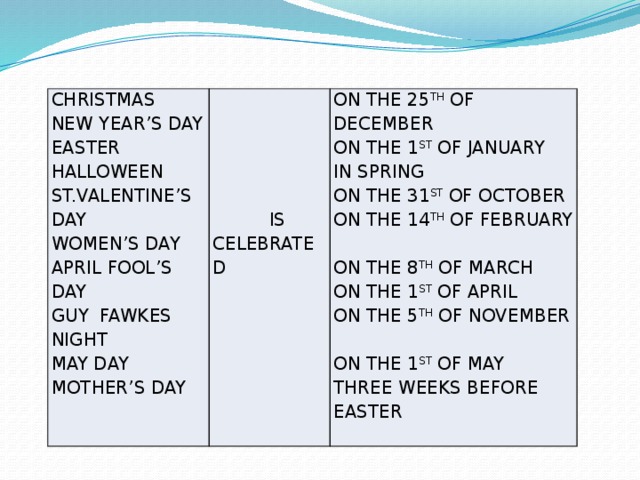 CHRISTMAS NEW YEAR’S DAY EASTER ON THE 25 TH OF DECEMBER HALLOWEEN ON THE 1 ST OF JANUARY ST.VALENTINE’S DAY IN SPRING ON THE 31 ST OF OCTOBER WOMEN’S DAY  IS CELEBRATED APRIL FOOL’S DAY ON THE 14 TH OF FEBRUARY GUY FAWKES NIGHT MAY DAY ON THE 8 TH OF MARCH MOTHER’S DAY ON THE 1 ST OF APRIL ON THE 5 TH OF NOVEMBER ON THE 1 ST OF MAY THREE WEEKS BEFORE EASTER 
