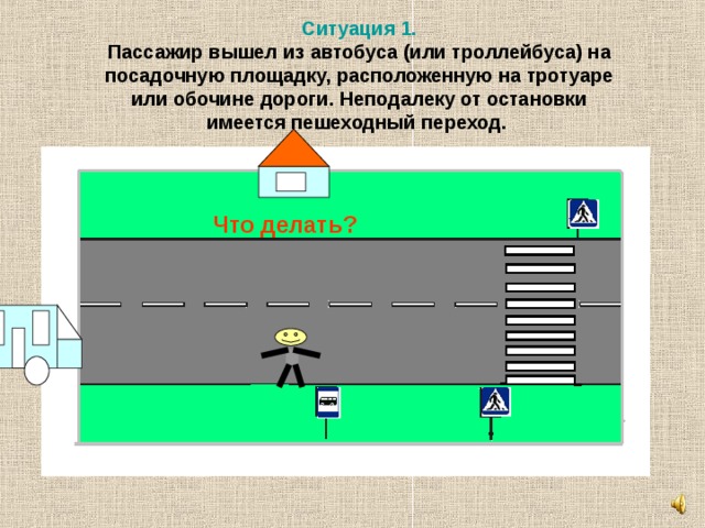 Ситуация 1.  Пассажир вышел из автобуса (или троллейбуса) на посадочную площадку, расположенную на тротуаре  или обочине дороги. Неподалеку от остановки имеется пешеходный переход. Что делать? 