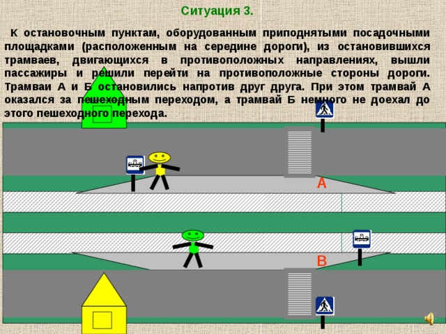 Ситуация 3.  К остановочным пунктам, оборудованным приподнятыми посадочными площадками (расположенным на середине дороги), из остановившихся трамваев, двигающихся в противоположных направлениях, вышли пассажиры и решили перейти на противоположные стороны дороги. Трамваи А и Б остановились напротив друг друга. При этом трамвай А оказался за пешеходным переходом, а трамвай Б немного не доехал до этого пешеходного перехода.  А В 
