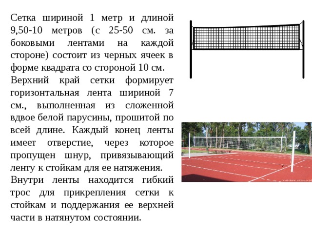 Сетка шириной 1 метр и длиной 9,50-10 метров (с 25-50 см. за боковыми лентами на каждой стороне) состоит из черных ячеек в форме квадрата со стороной 10 см. Верхний край сетки формирует горизонтальная лента шириной 7 см., выполненная из сложенной вдвое белой парусины, прошитой по всей длине. Каждый конец ленты имеет отверстие, через которое пропущен шнур, привязывающий ленту к стойкам для ее натяжения. Внутри ленты находится гибкий трос для прикрепления сетки к стойкам и поддержания ее верхней части в натянутом состоянии. 