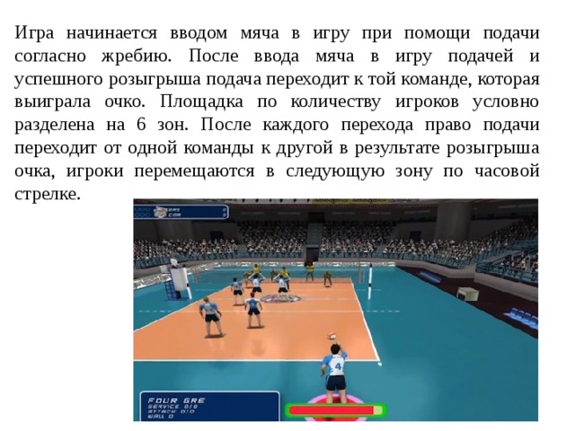 Игра начинается вводом мяча в игру при помощи подачи согласно жребию. После ввода мяча в игру подачей и успешного розыгрыша подача переходит к той команде, которая выиграла очко. Площадка по количеству игроков условно разделена на 6 зон. После каждого перехода право подачи переходит от одной команды к другой в результате розыгрыша очка, игроки перемещаются в следующую зону по часовой стрелке. 