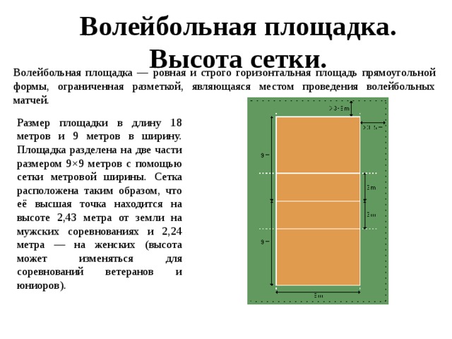 Волейбольная площадка. Высота сетки. Волейбольная площадка — ровная и строго горизонтальная площадь прямоугольной формы, ограниченная разметкой, являющаяся местом проведения волейбольных матчей. Размер площадки в длину 18 метров и 9 метров в ширину. Площадка разделена на две части размером 9×9 метров с помощью сетки метровой ширины. Сетка расположена таким образом, что её высшая точка находится на высоте 2,43 метра от земли на мужских соревнованиях и 2,24 метра — на женских (высота может изменяться для соревнований ветеранов и юниоров). 