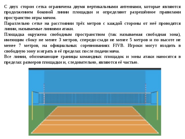 С двух сторон сетка ограничена двумя вертикальными антеннами, которые являются продолжением боковой линии площадки и определяют разрешённое правилами пространство игры мячом. Параллельно сетке на расстоянии трёх метров с каждой стороны от неё проводятся линии, называемые линиями атаки. Площадка окружена свободным пространством (так называемая свободная зона), имеющим сбоку не менее 3 метров, спереди-сзади не менее 5 метров и по высоте не менее 7 метров, на официальных соревнованиях FIVB. Игроки могут входить в свободную зону и играть в её пределах после подачи мяча. Все линии, обозначающие границы командных площадок и зоны атаки наносятся в пределах размеров площадки и, следовательно, являются её частью. 