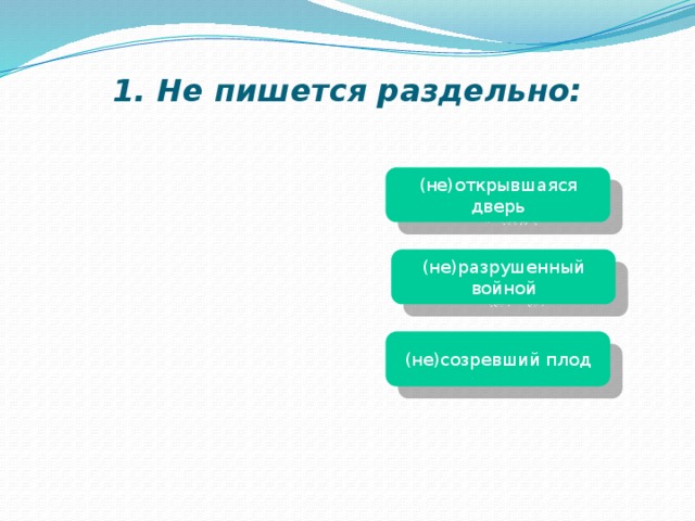 1. Не пишется раздельно: (не)открывшаяся дверь (не)разрушенный войной (не)созревший плод 