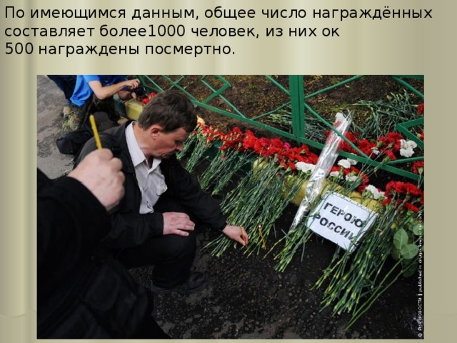 По имеющимся данным, общее число награждённых составляет более1000 человек, из них ок 500 награждены посмертно. 