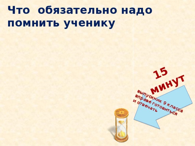 выпускник  9 класса   вправе готовиться  и отвечать 15  минут Что  обязательно надо  помнить ученику 