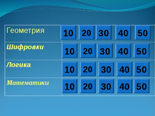 10 20 30 40 50 Геометрия Шифровки Логика Математики 50 30 10 40 20 20 10 50 30 40 20 10 40 30 50 