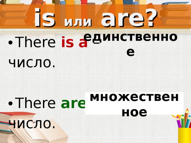 множественное is или  are? There is  a – число. There are  – число. единственное Под запись в тетрадь (частично)  