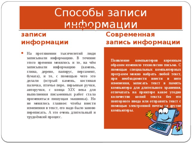 Способы записи информации Немного из истории записи информации Современная запись информации На протяжении тысячелетий люди записывали информацию. В течение этого времени менялось и то, на чём записывали информацию (камень, глина, дерево, папирус, пергамент, бумага), и то, с помощью чего это делали (острый камень, костяная палочка, птичье перо, перьевые ручки, авторучки, с конца XIX века для выполнения письменных работ стала применяться пишущая машинка). Но не менялось главное: чтобы внести изменения в текст, его надо было заново переписать. А это очень длительный и трудоёмкий процесс. Появление компьютеров коренным образом изменило технологию письма. С помощью специальных компьютерных программ можно набрать любой текст, при необходимости внести в него изменения, записать текст в память компьютера для длительного хранения, отпечатать на принтере какое угодно количество копий текста без его повторного ввода или отправить текст с помощью электронной почты на другие компьютеры. 