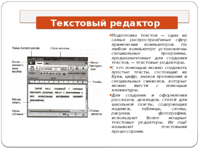 Текстовый редактор Подготовка текстов — одна из самых распространённых сфер применения компьютеров. На любом компьютере установлены специальные программы, предназначенные для создания текстов, — текстовые редакторы. С его помощью можно создавать простые тексты, состоящие из букв, цифр, знаков препинания и специальных символов, которые можно ввести с помощью клавиатуры. Для создания и оформления рассказов, докладов, статей для школьной газеты, содержащих надписи, таблицы, схемы, рисунки, фотографии, используют более мощные текстовые редакторы. Их ещё называют текстовыми процессорами. 
