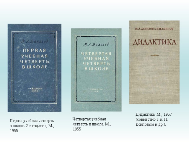 Дидактика. М., 1957 (совместно с Б. П. Есиповым и др.). Четвертая учебная четверть в школе. М., 1955 Первая учебная четверть в школе. 2-е издание, М., 1955 