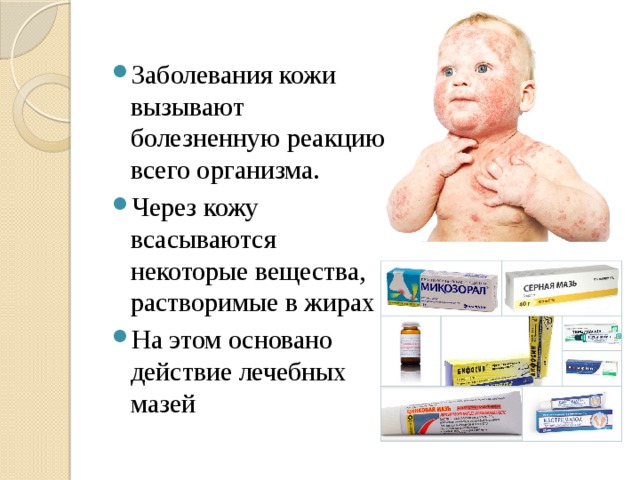 Заболевания кожи вызывают болезненную реакцию всего организма. Через кожу всасываются некоторые вещества, растворимые в жирах На этом основано действие лечебных мазей 