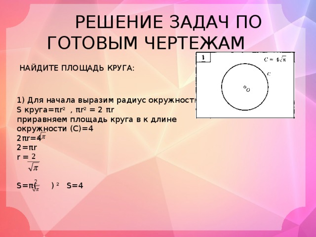  РЕШЕНИЕ ЗАДАЧ ПО ГОТОВЫМ ЧЕРТЕЖАМ НАЙДИТЕ ПЛОЩАДЬ КРУГА: 1) Для начала выразим радиус окружности S круга=πr 2 , πr 2 = 2 πr приравняем площадь круга в к длине окружности (С)=4 2πr=4 2=πr r = S=π( ) 2 S=4 