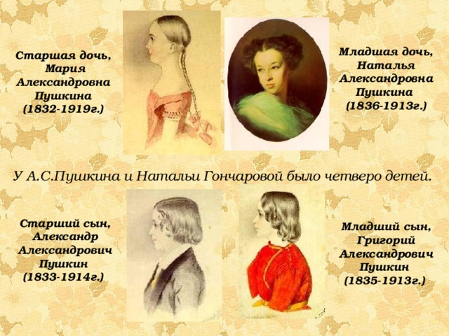 Младшая дочь, Наталья Александровна Пушкина  (1836-1913г.) Старшая дочь, Мария Александровна Пушкина  (1832-1919г.)  У А.С.Пушкина и Натальи Гончаровой было четверо детей. Старший сын, Александр Александрович Пушкин  (1833-1914г.) Младший сын, Григорий Александрович Пушкин  (1835-1913г.)  