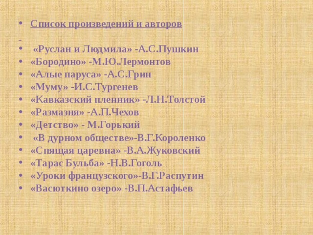 Список произведений и авторов    «Руслан и Людмила» -А.С.Пушкин «Бородино» -М.Ю.Лермонтов «Алые паруса» -А.С.Грин «Муму» -И.С.Тургенев «Кавказский пленник» -Л.Н.Толстой «Размазня» -А.П.Чехов «Детство» - М.Горький  «В дурном обществе»-В.Г.Короленко «Спящая царевна» -В.А.Жуковский «Тарас Бульба» -Н.В.Гоголь «Уроки французского»-В.Г.Распутин «Васюткино озеро» -В.П.Астафьев  