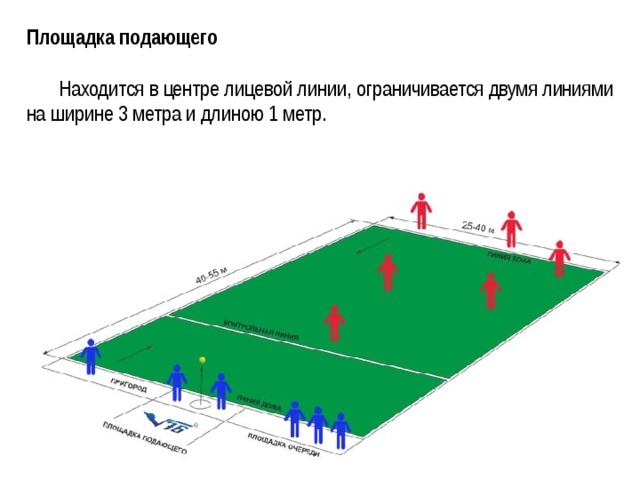 Площадка подающего    Находится в центре лицевой линии, ограничивается двумя линиями на ширине 3 метра и длиною 1 метр.    