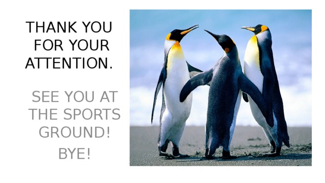 THANK YOU  FOR YOUR  ATTENTION. SEE YOU AT THE SPORTS GROUND! BYE! 
