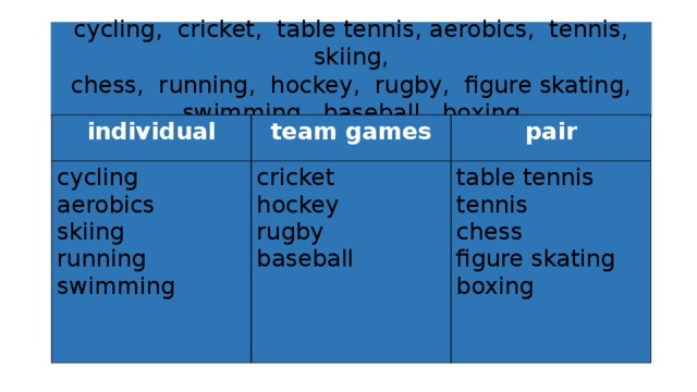 cycling, cricket, table tennis, aerobics, tennis, skiing,  chess, running, hockey, rugby, figure skating,  swimming, baseball, boxing individual team games cycling cricket aerobics pair hockey skiing table tennis running rugby tennis baseball swimming chess figure skating boxing 