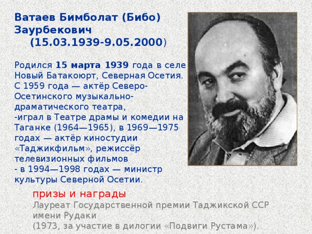 Ватаев Бимболат (Бибо) Заурбекович (15.03.1939-9.05.2000 ) Родился 15 марта 1939 года в селе Новый Батакоюрт, Северная Осетия. С 1959 года — актёр Северо-Осетинского музыкально-драматического театра, -играл в Театре драмы и комедии на Таганке (1964—1965), в 1969—1975 годах — актёр киностудии «Таджикфильм», режиссёр телевизионных фильмов - в 1994—1998 годах — министр культуры Северной Осетии. призы и награды Лауреат Государственной премии Таджикской ССР имени Рудаки (1973, за участие в дилогии «Подвиги Рустама»). 