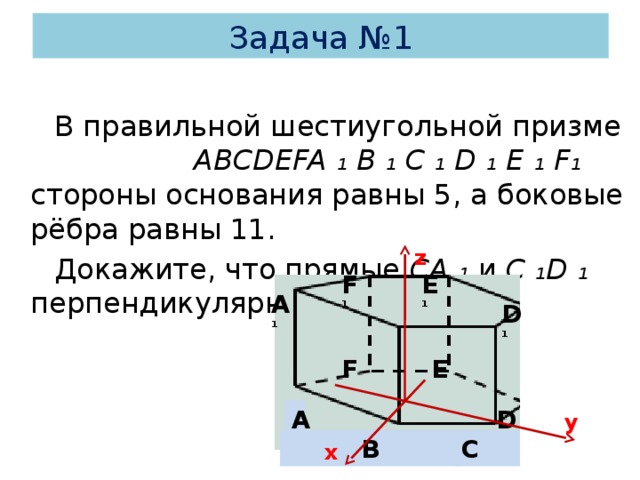 Задача №1 В правильной шестиугольной призме ABCDEFA ₁ B ₁ C ₁ D ₁ E ₁ F₁ стороны основания равны 5, а боковые рёбра равны 11. Докажите, что прямые СА ₁ и С ₁D ₁ перпендикулярны.  z F 1 E 1 A 1 D 1 F E D А y C B x 