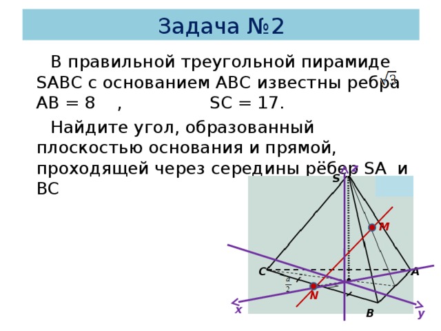 Задача №2 В правильной треугольной пирамиде SABC с основанием АВС известны ребра АВ = 8 , SC = 17 . Найдите угол, образованный плоскостью  основания и прямой, проходящей через середины рёбер SA и BC  Ответ:  arcsin . z S M A C N x B y 