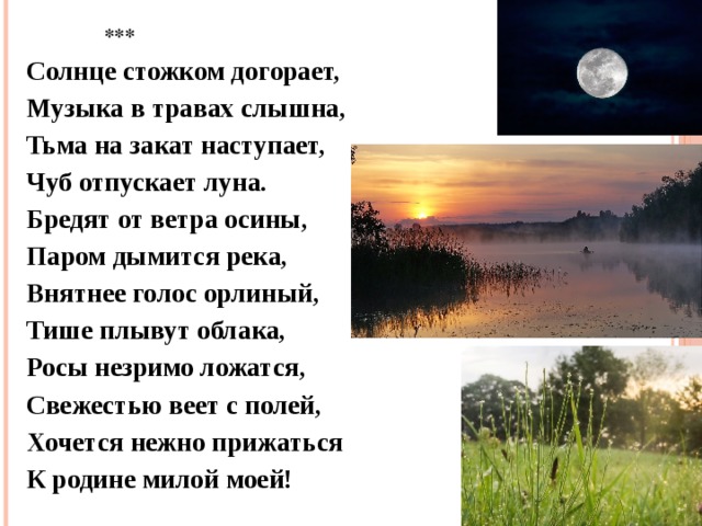  *** Солнце стожком догорает, Музыка в травах слышна, Тьма на закат наступает, Чуб отпускает луна. Бредят от ветра осины, Паром дымится река, Внятнее голос орлиный, Тише плывут облака, Росы незримо ложатся, Свежестью веет с полей, Хочется нежно прижаться К родине милой моей! 