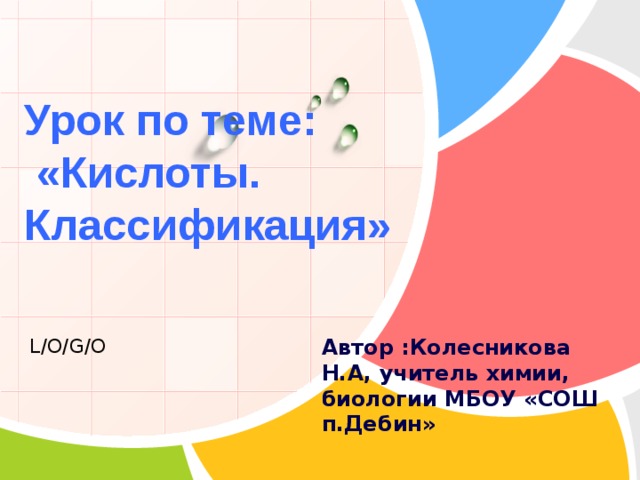  Урок по теме:  «Кислоты. Классификация» Автор :Колесникова Н.А, учитель химии, биологии МБОУ «СОШ п.Дебин» 