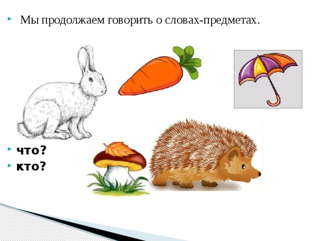   Мы продолжаем говорить о словах-предметах.    что?   кто?  