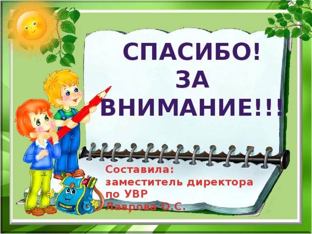 СПАСИБО!  За внимание!!! Составила: заместитель директора по УВР Лаврова О.С. 